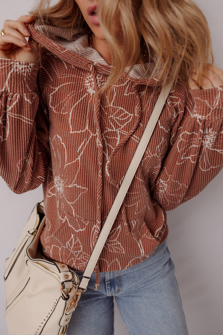 Brown Floral Twisted Rib Drawstring Kangaroo Pocket Hoodie