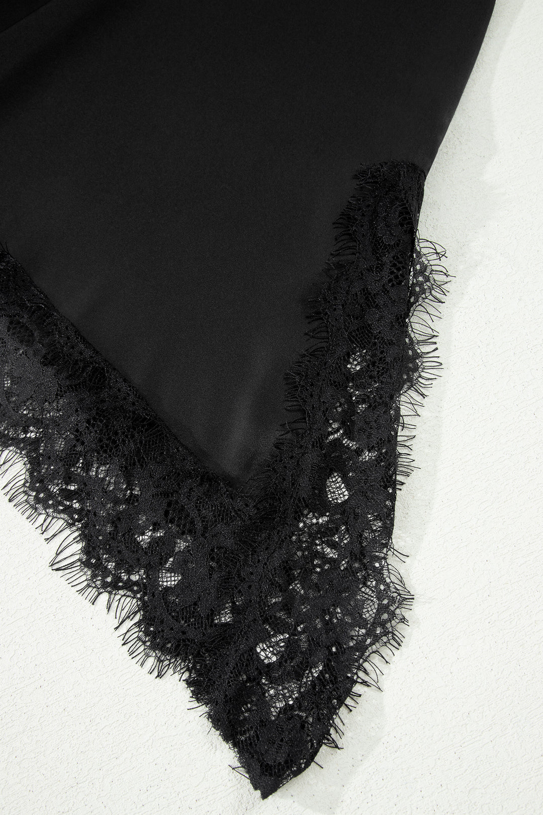 Black Asymmetric Lace Trim Short Sleeve Satin Top