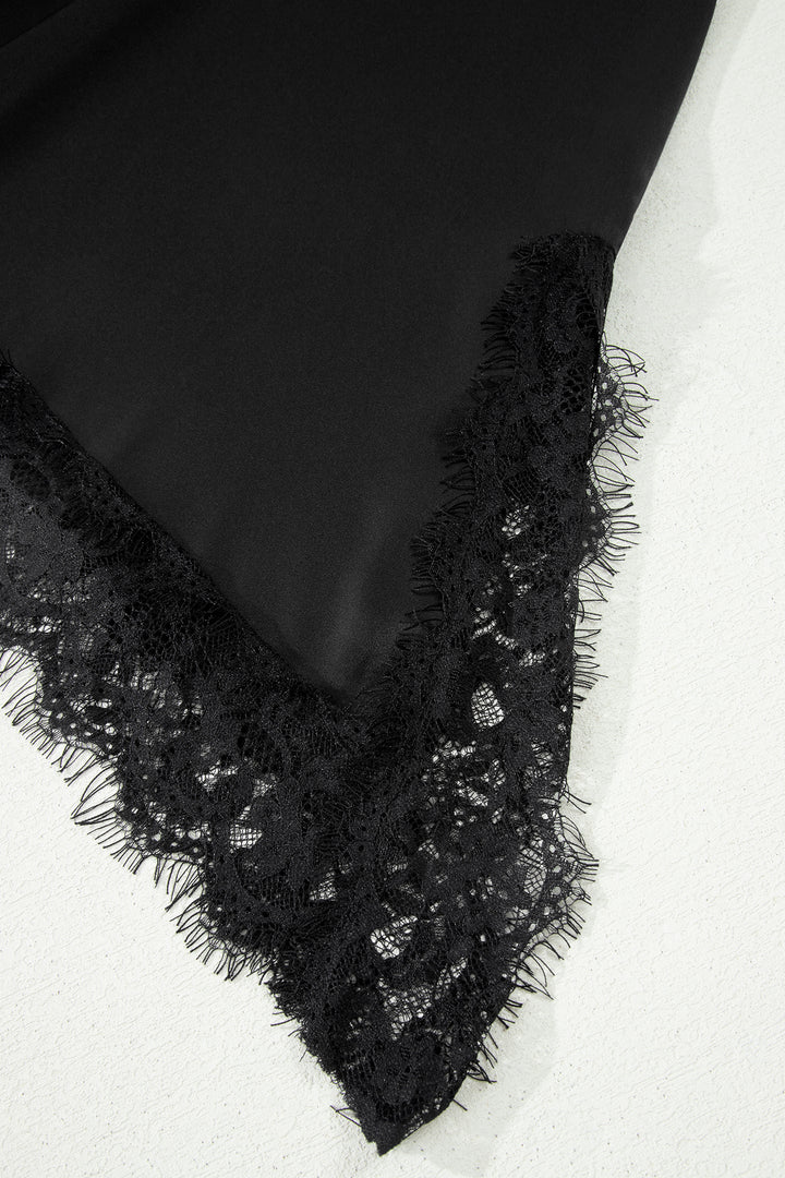 Black Asymmetric Lace Trim Short Sleeve Satin Top
