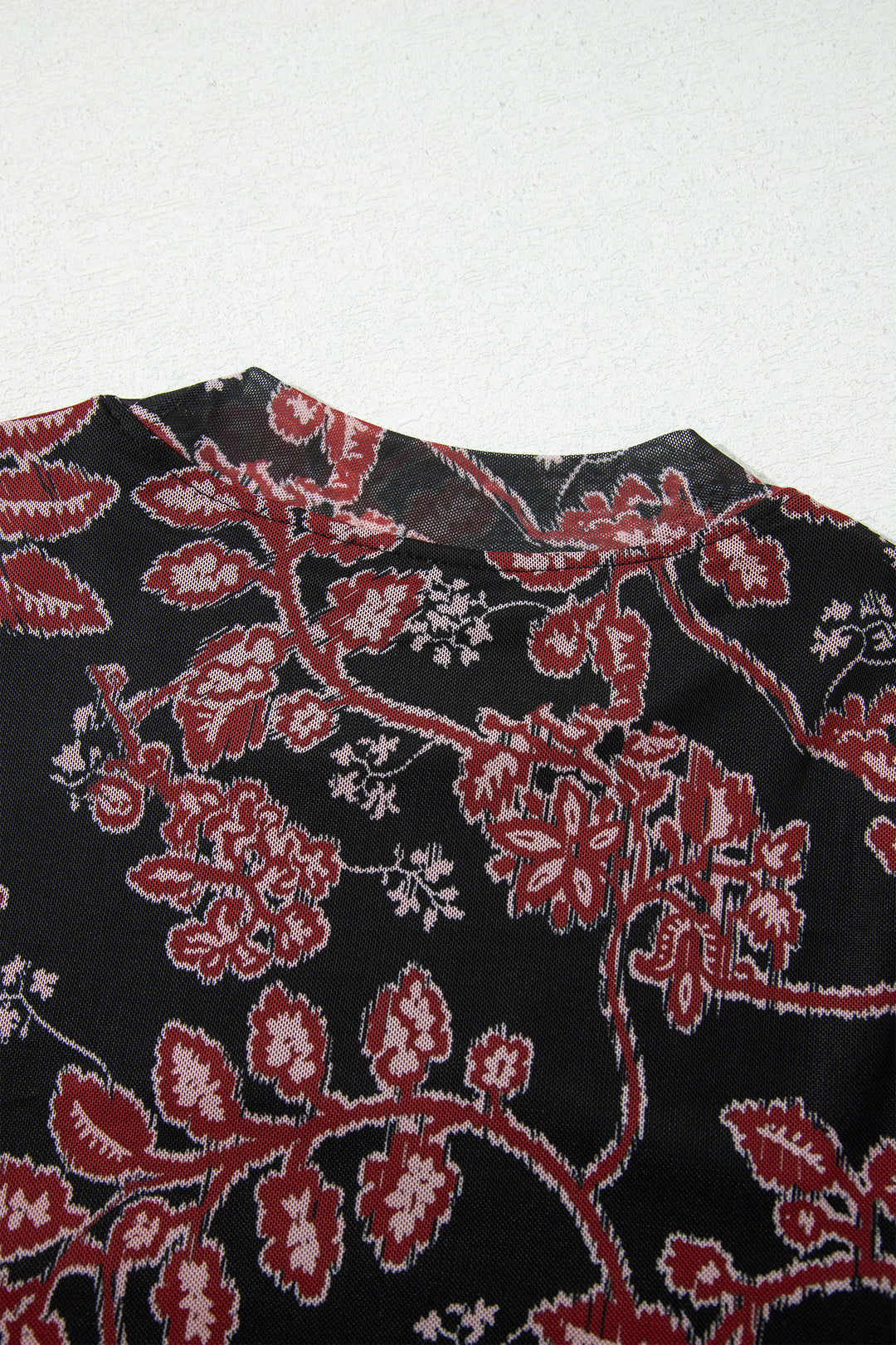 Black Retro Floral Print Long Sleeve Casual Mesh Dress