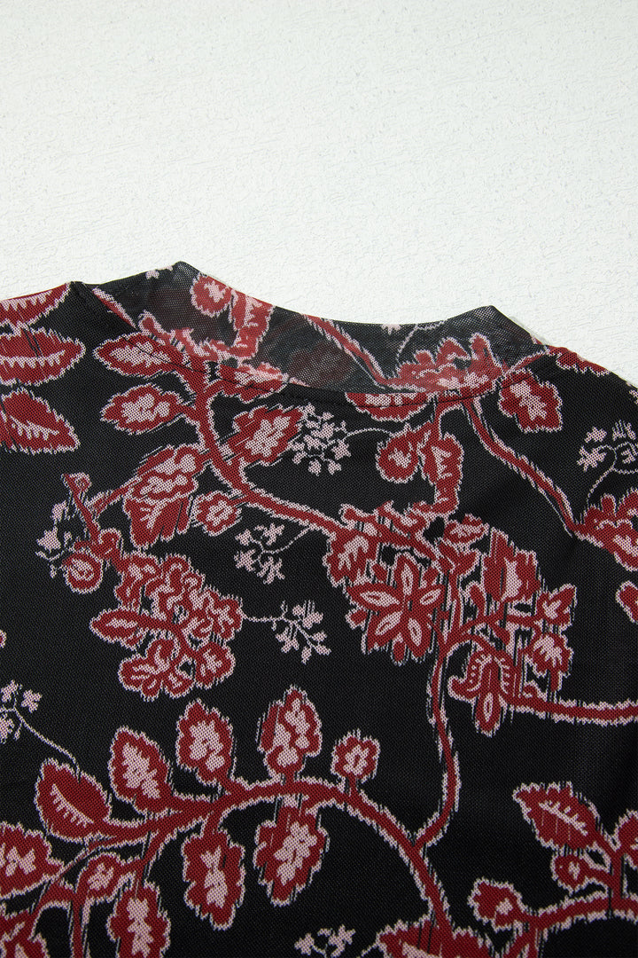 Black Retro Floral Print Long Sleeve Casual Mesh Dress