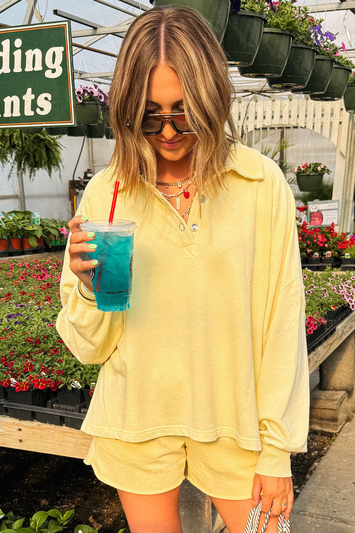 Yellow Cream Button Collar Drop Shoulder Pullover and Shorts Set