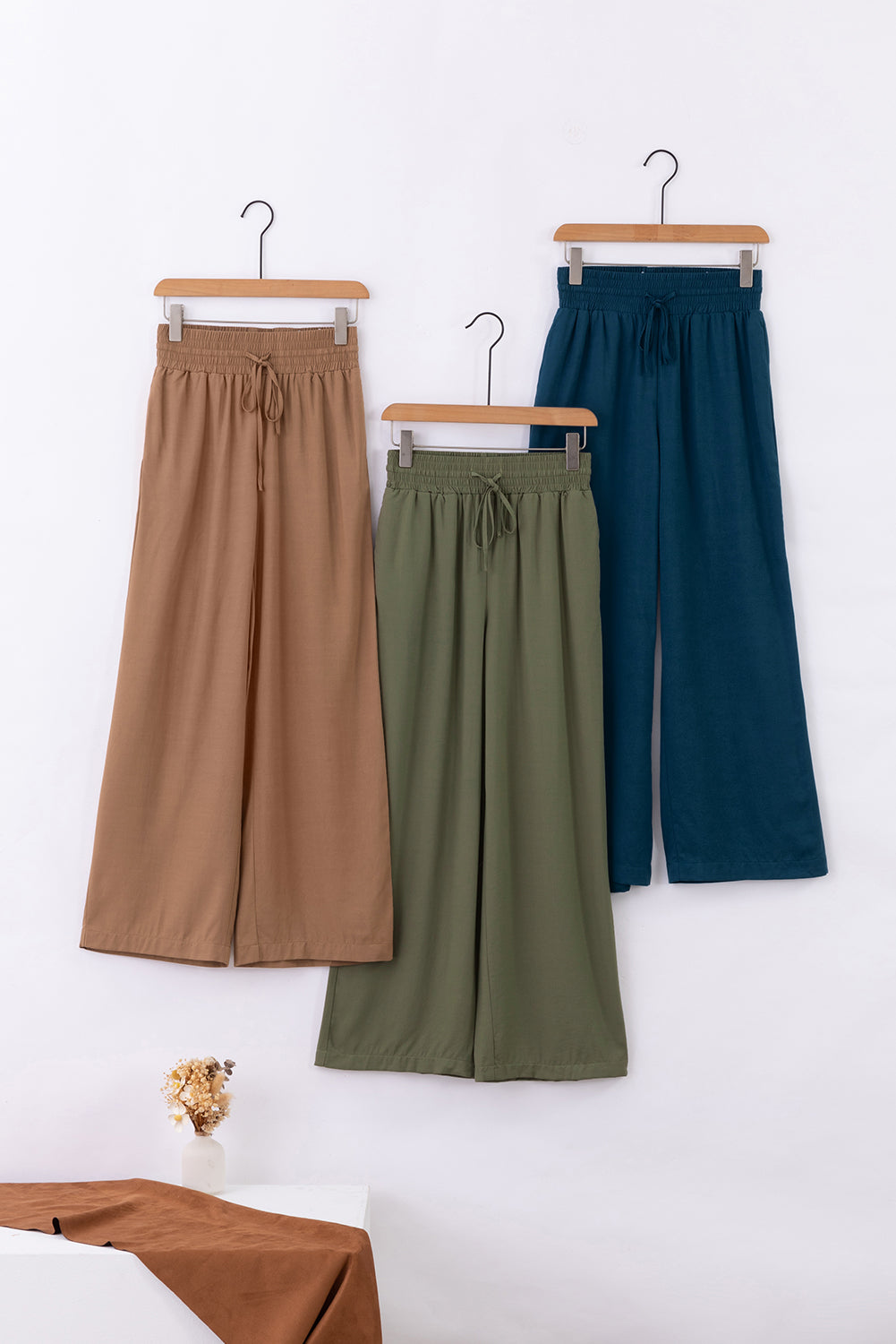 Brown Drawstring Elastic Waist Casual Wide Leg Pants | Women