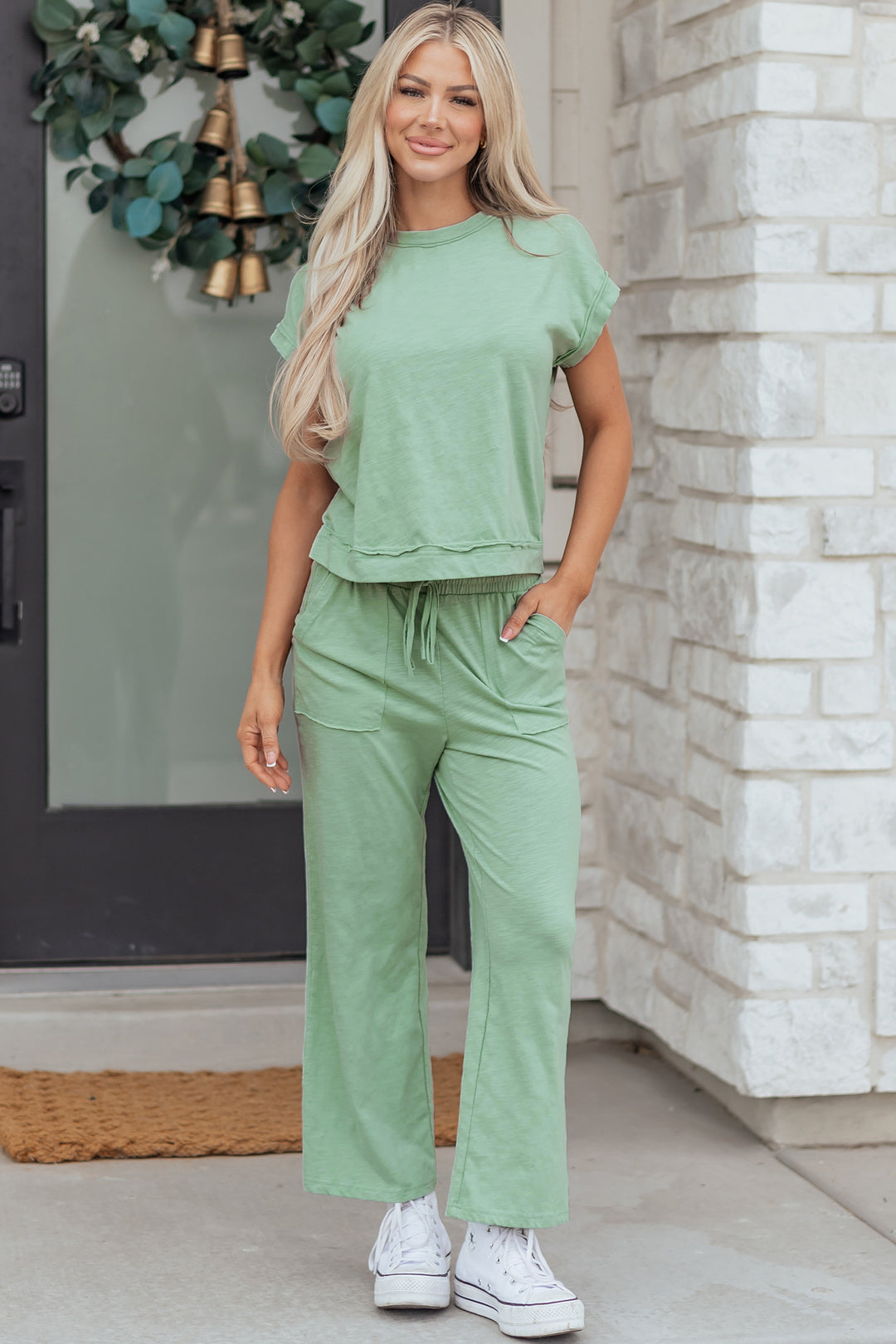 Canton Cuffed Short Sleeve Tee Raw Seam Patch Pocket Drawstring Pants Set