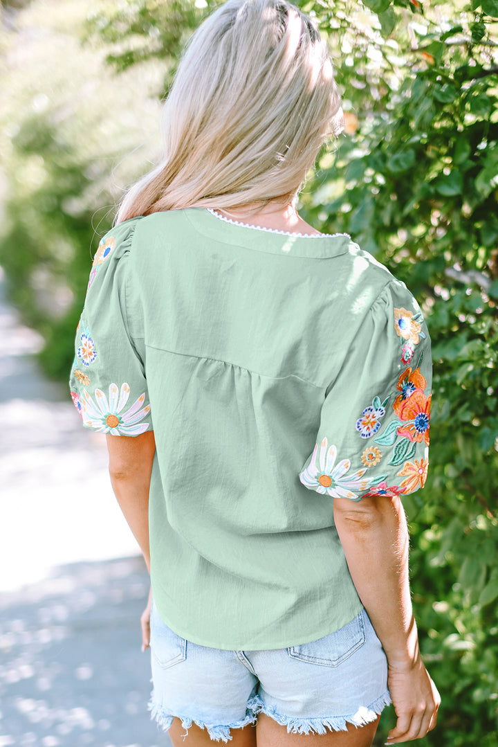 Clearly Aqua Floral Embroidered Puff Sleeve Split Neck Blouse