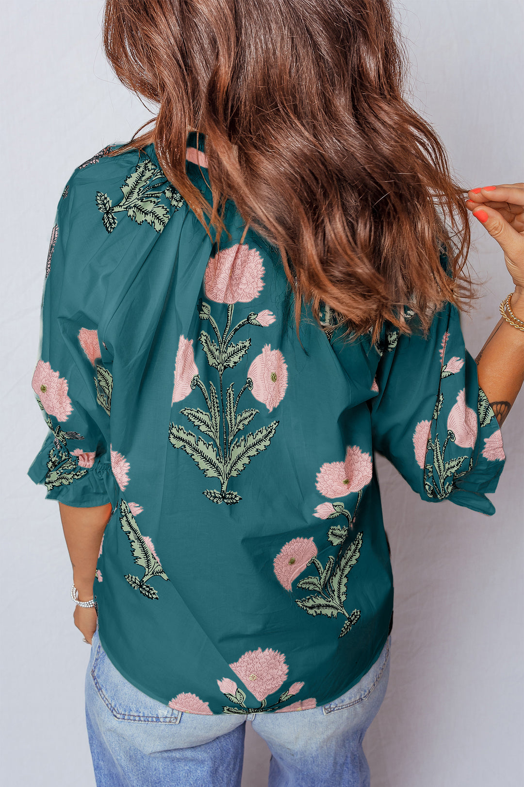 Green Casual Wild Flower Print V Neck 3/4 Sleeve Blouse