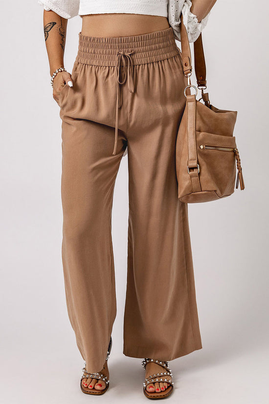 Brown Drawstring Elastic Waist Casual Wide Leg Pants | Women