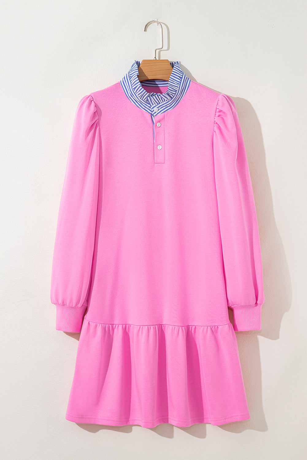 Fiery Red Contrast Striped Collar Patchwork Puff Sleeve Ruffle Hem Mini Dress