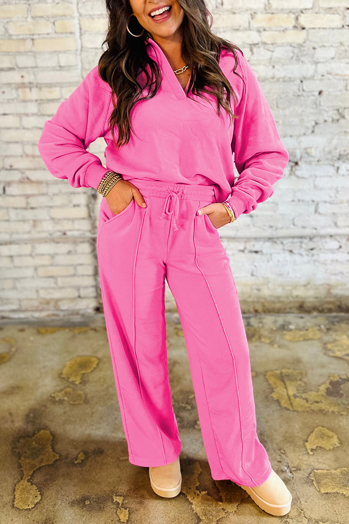 Wisteria Solid Color Collared Pullover and Central Seam Pants Set