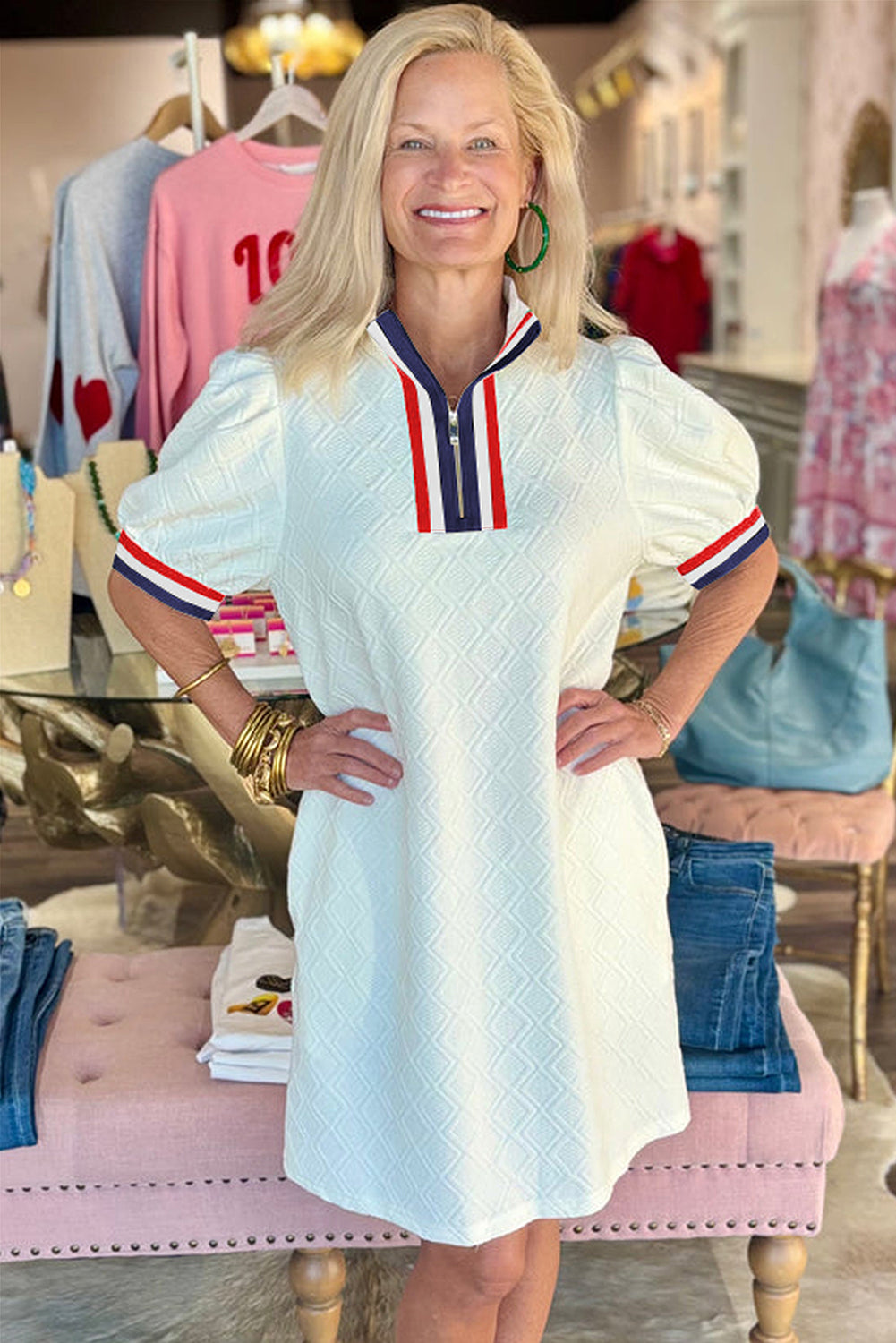 White Textured Jacquard Colorblock Edge Puff Sleeve Quarter Zip Mini Dress