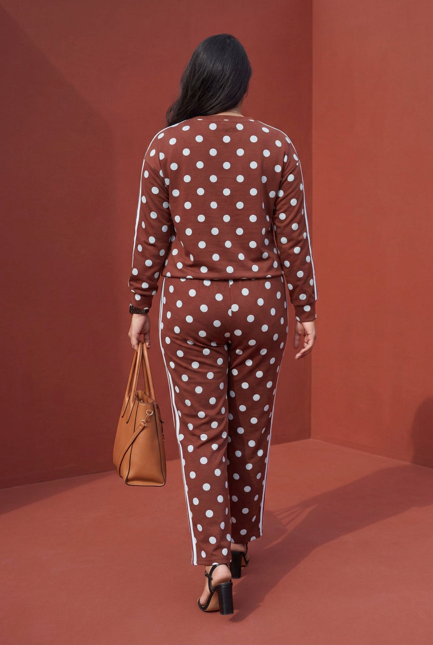 Pink Polka Dot Print Side Stripe Detail Long Sleeve Top Casual Pant Set