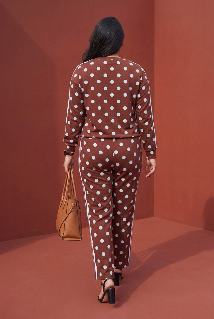 Pink Polka Dot Print Side Stripe Detail Long Sleeve Top Casual Pant Set