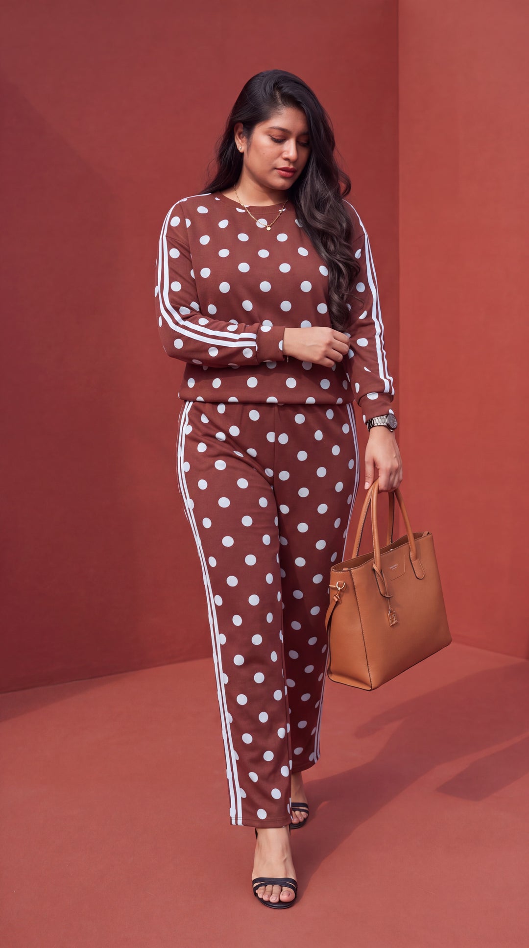 Pink Polka Dot Print Side Stripe Detail Long Sleeve Top Casual Pant Set