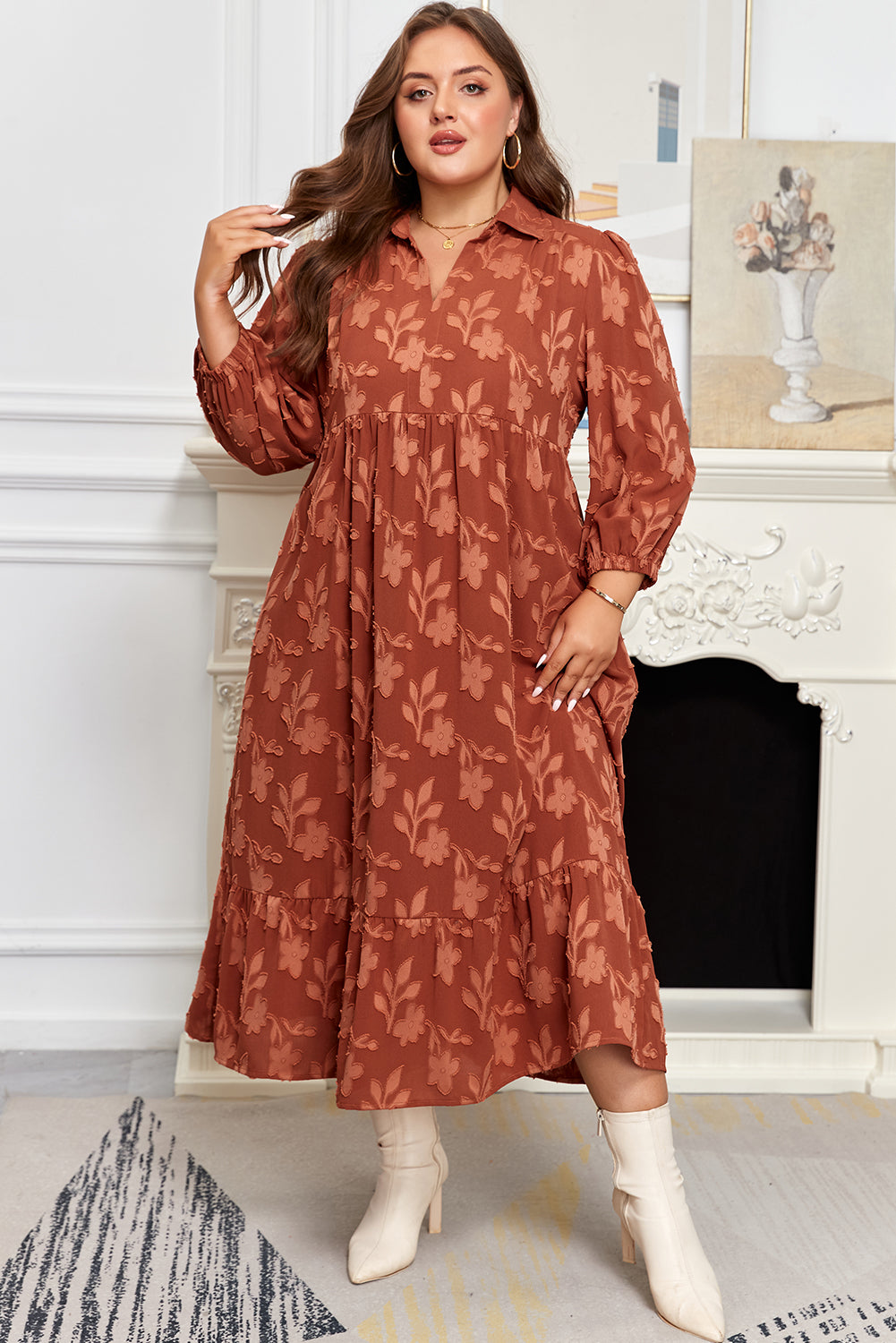 Cinnamon Plus Size Textured 3D Flower Pattern Ruffle Hem 3/4 Sleeve Long Dress
