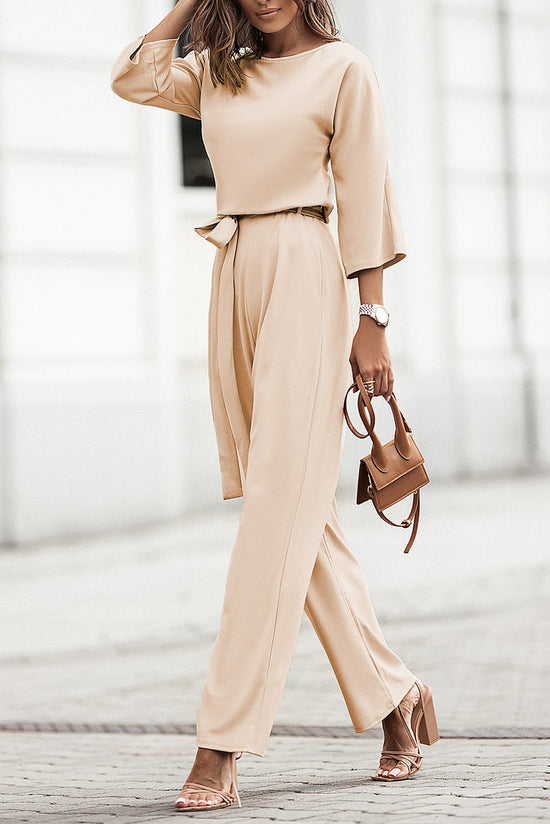 Apricot Braselet Sleeve Waist Tie Wide Leg Jumpsuit