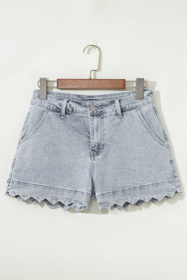 Dusk Blue Scalloped Hemline Acid Wash High Waist Denim Shorts