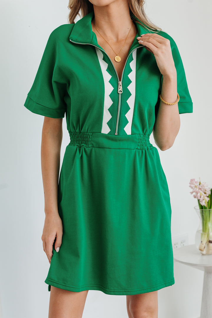 Bright Green Contrast Patchwork Half Zip Elastic Waist Short Sleeve Mini Dress