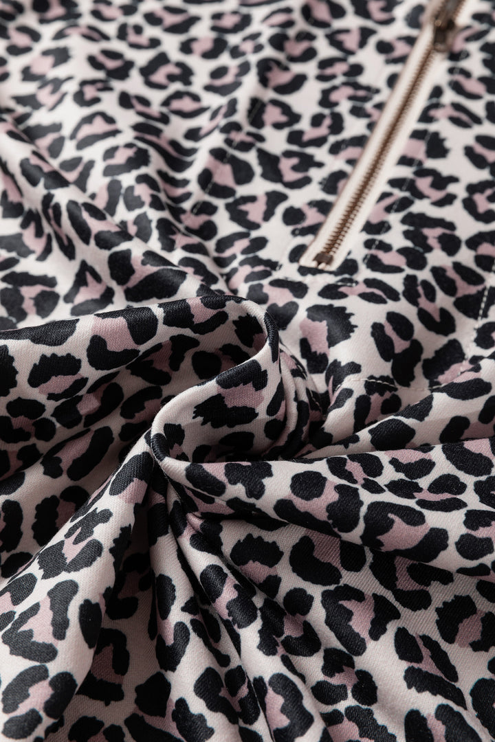 Khaki Leopard Print Half Zip up Blouse