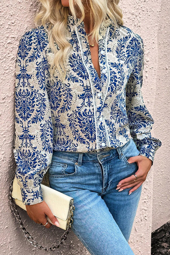 Sky Blue Bohemian Printed Bishop Sleeve Lace Shirt | Women