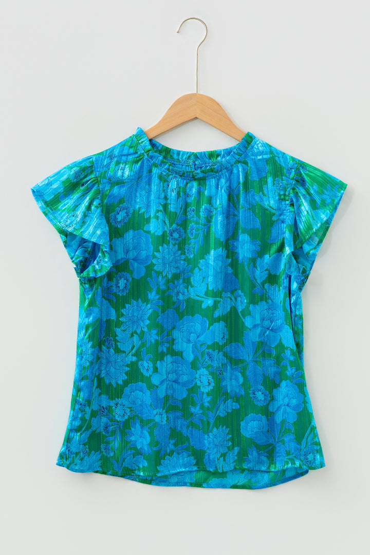 Green Floral Print Ruffled Sleeve Summer Blouse
