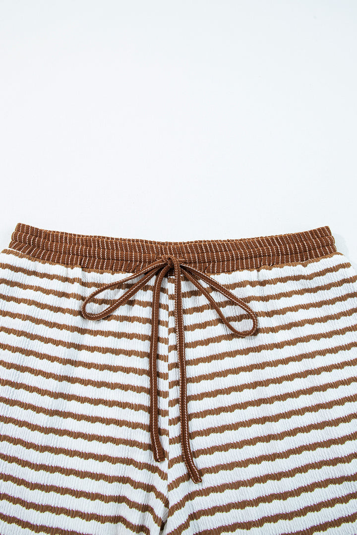 Khaki Stripe Plus Size Collared V Neck Loose Pullover Drawstring Elastic Waist Wide Leg Pant Set