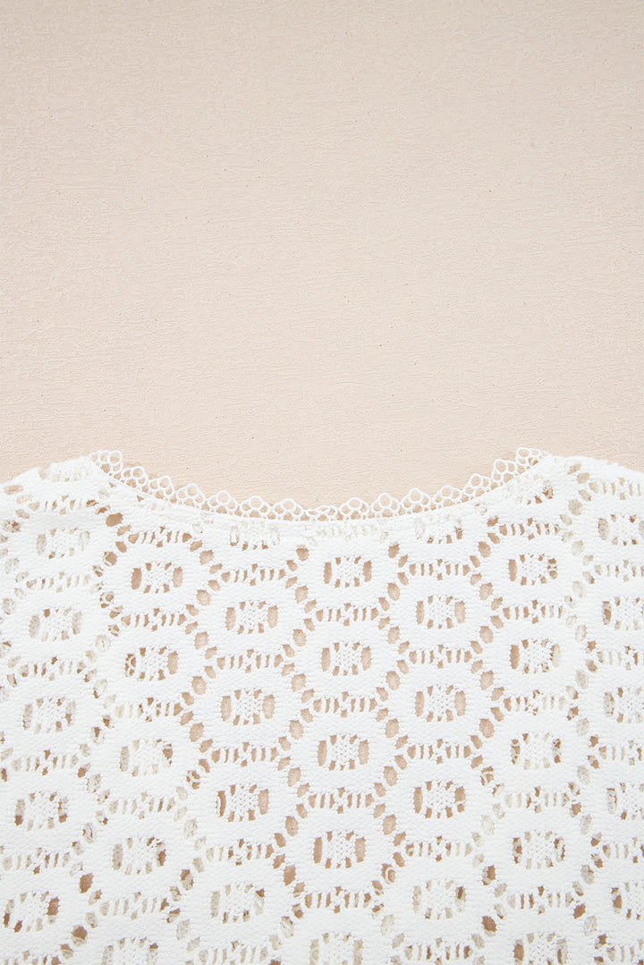 Beige Flower Lace V Neck Ruffled Sleeve Top