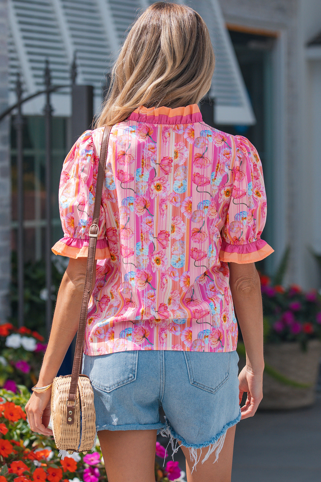 Pink Poppy Flower Striped Print Color Block Trim V Neck Short Sleeve Cotton Blouse