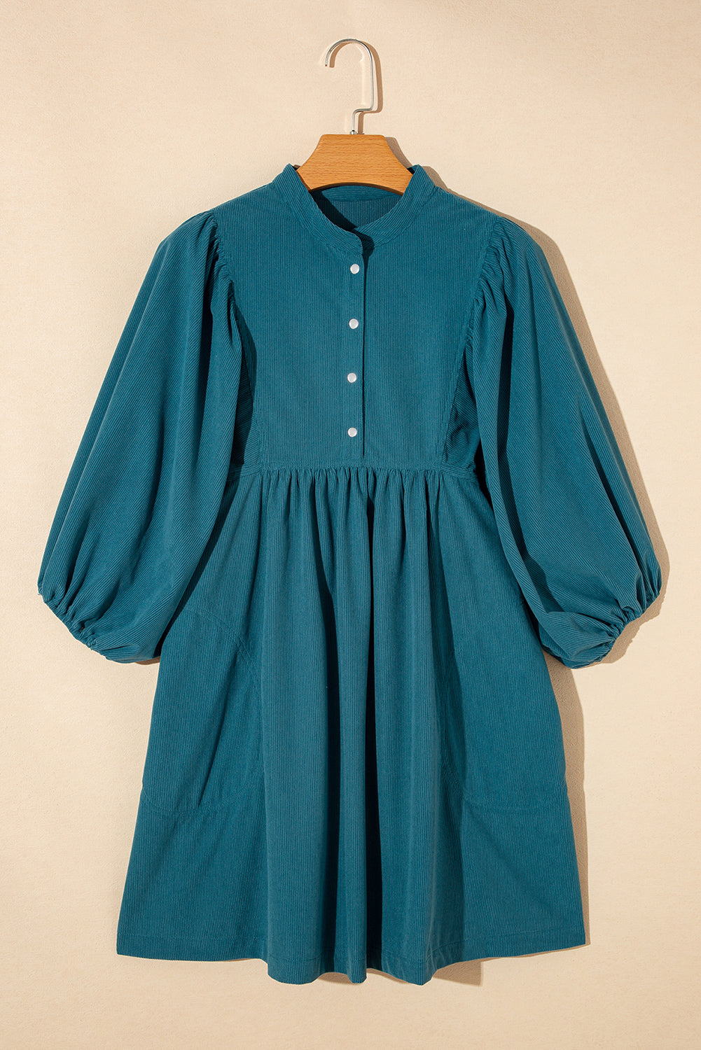 Blue Corduroy Snap Buttons Empire Waist Braselet Sleeve Dress