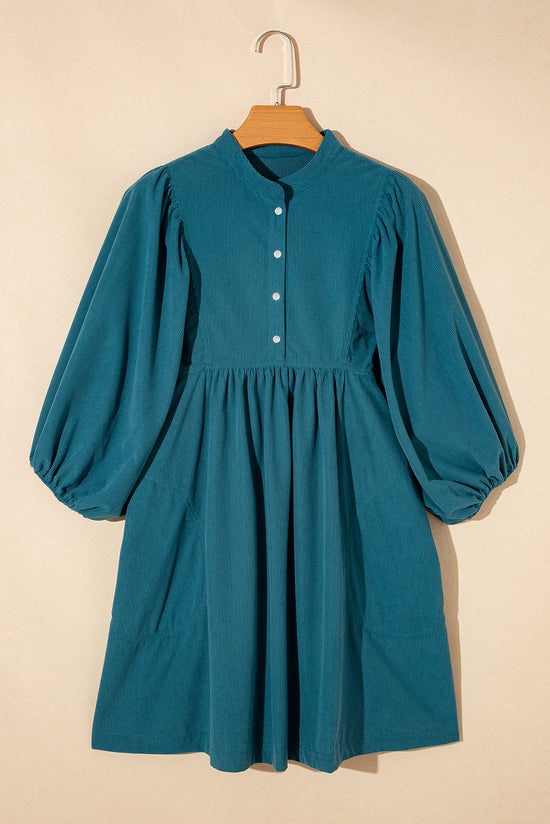 Blue Corduroy Snap Buttons Empire Waist Braselet Sleeve Dress