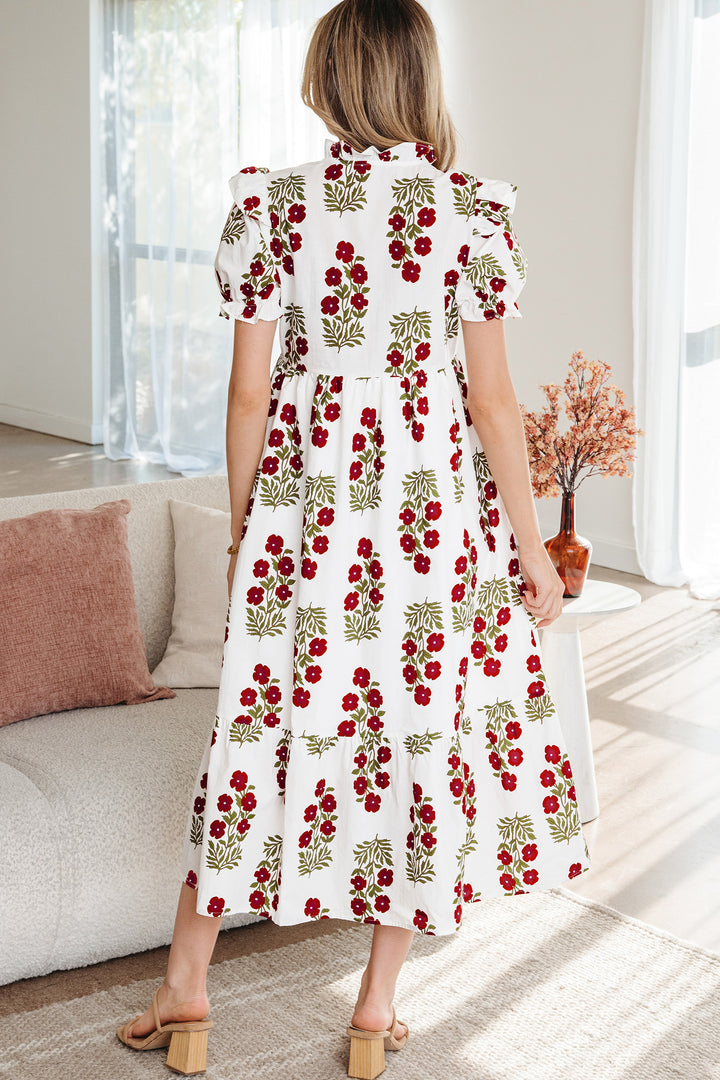 Beige Floral Short Bubble Sleeve Tiered Maxi Dress