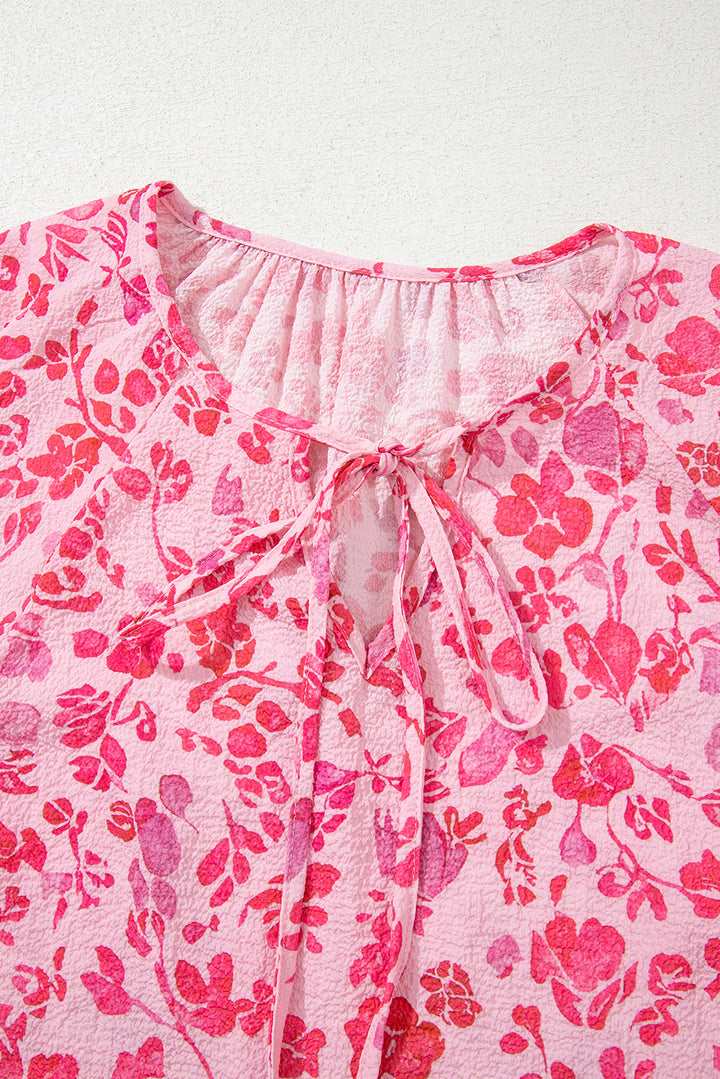 Pink Floral Puff Sleeve Split Neck Lightweight Blouse