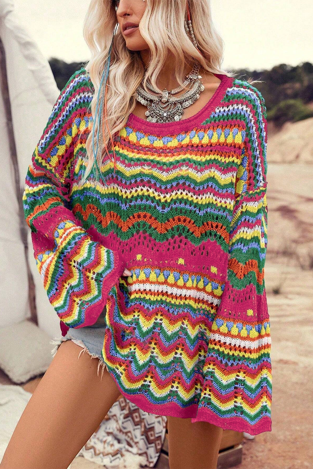 Rose Red Colorblock Striped Hollowed Knit Loose Sleeve Sweater | Women