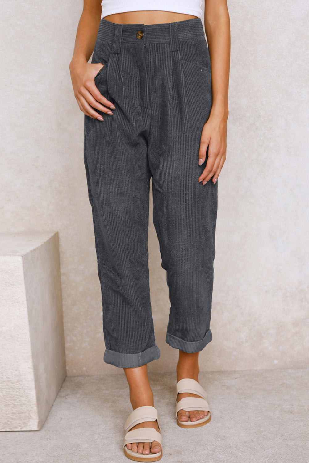 Gray Corduroy High Waist Straight Leg Pants| Women