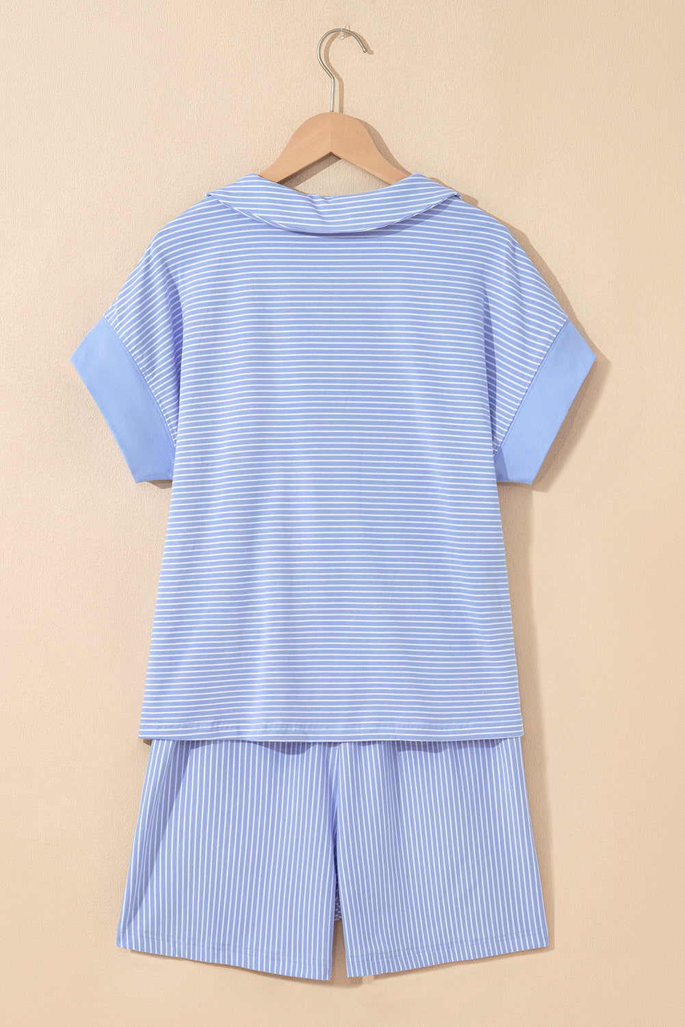 Sky Blue Stripe Dolman Sleeve Polo Shirt and Drawstring Shorts Set