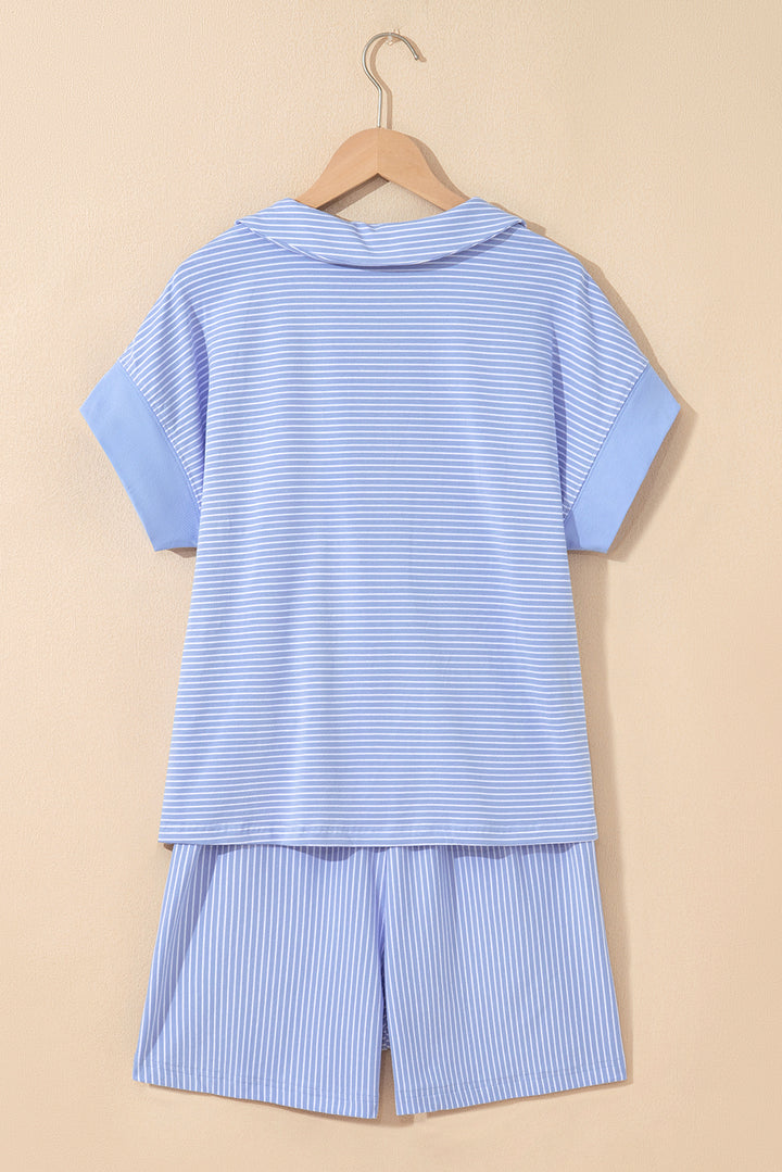 Sky Blue Stripe Dolman Sleeve Polo Shirt and Drawstring Shorts Set