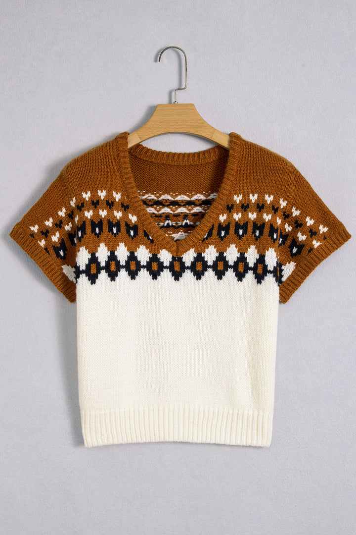 Brown V Neck Short Sleeve Geometric Print Western Style Knit Tee