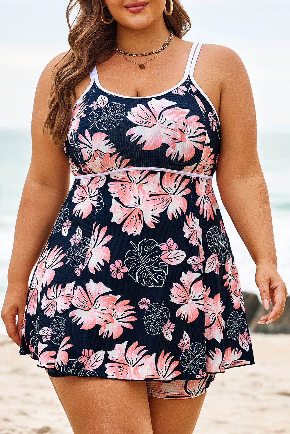 Black Plus Size Ribbed Contrast Trim Adjustable Straps 2pcs Swimsuit