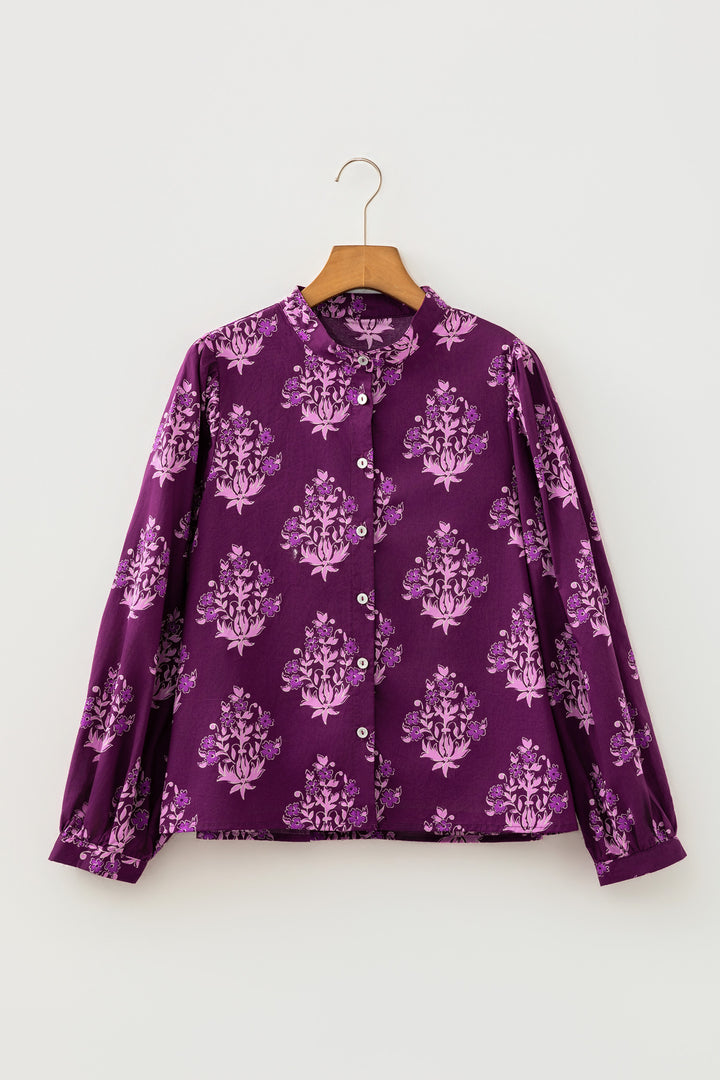 Purple Floral Print Button Front Long Puff Sleeve Shirt