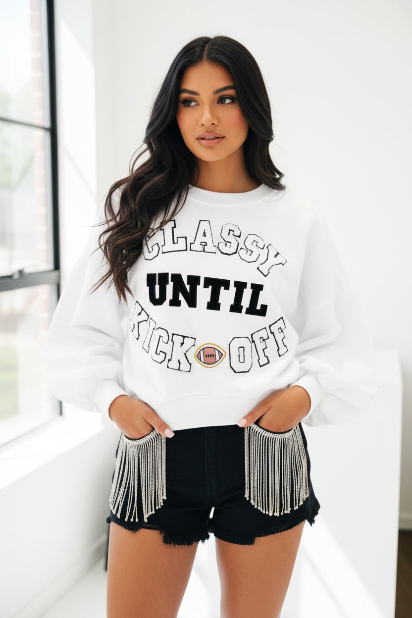 White CLASSY UNTIL KICKOFF Plush Letter Patched Loose Sweatshirt