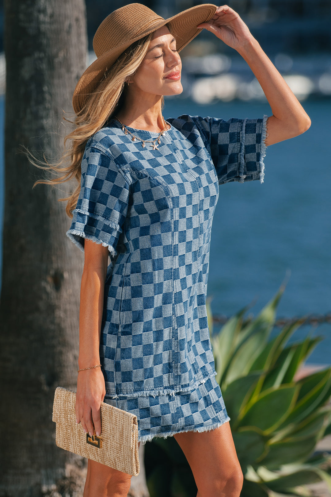 Sky Blue Frayed Hem Checkered Denim Mini Dress