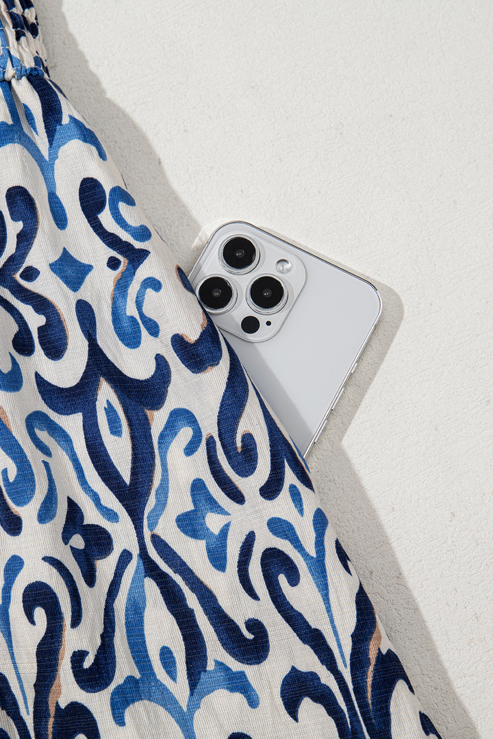 Sky Blue Boho Print Smocked High Waist Maxi Dress