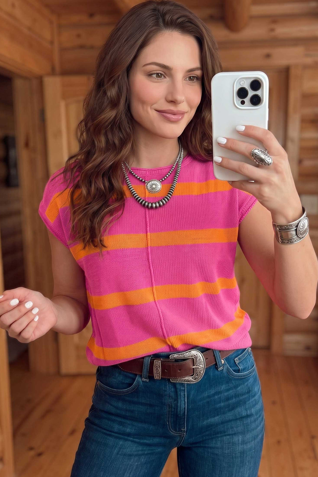 Brown Stripe Knit Western Short Sleeve Sweater