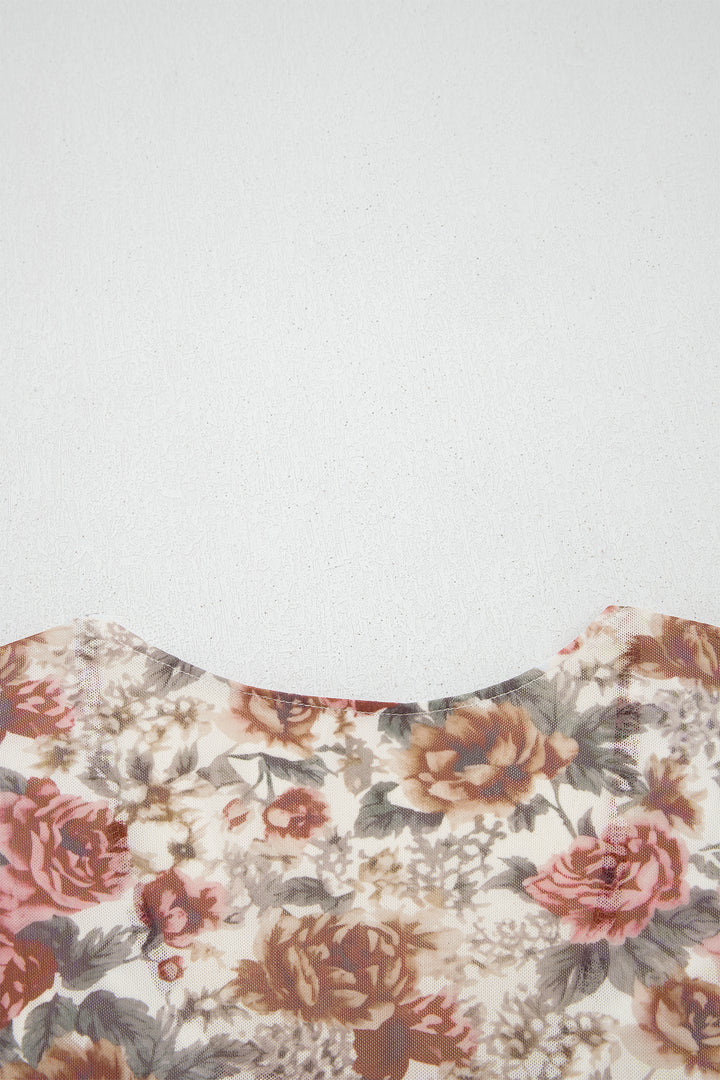 Red Floral Print Stitched Detail Tie V Neck Long Bell Sleeve Blouse