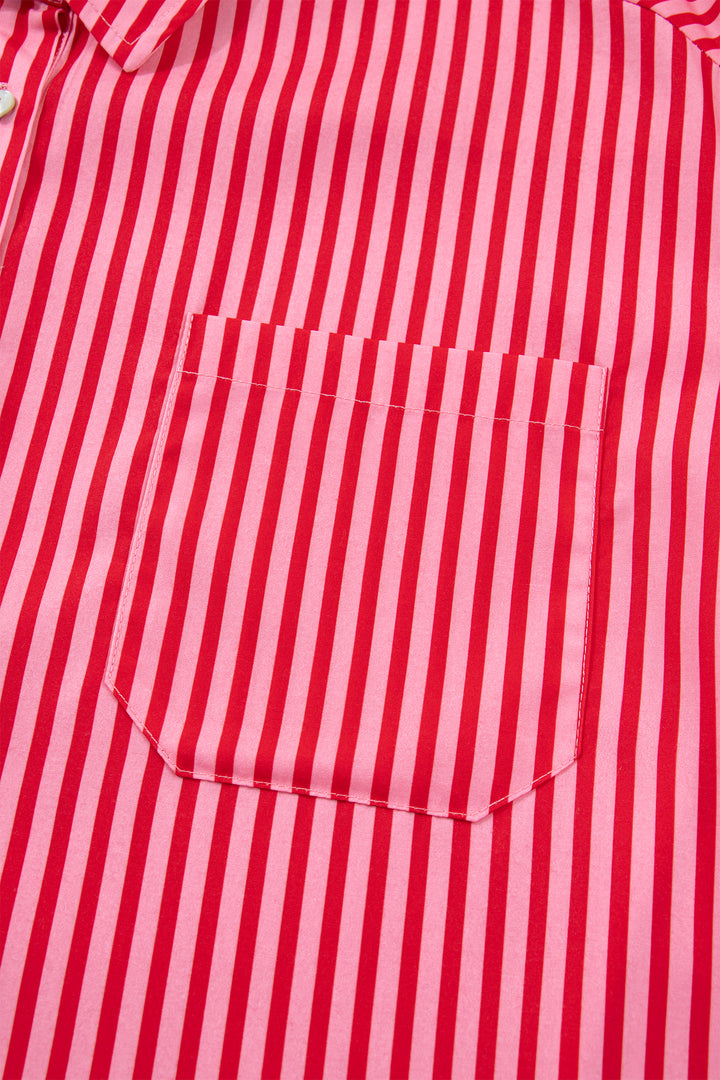 Red Stripe Button-Up Shirt Long Sleeve Patch Pocket Casual Shirt
