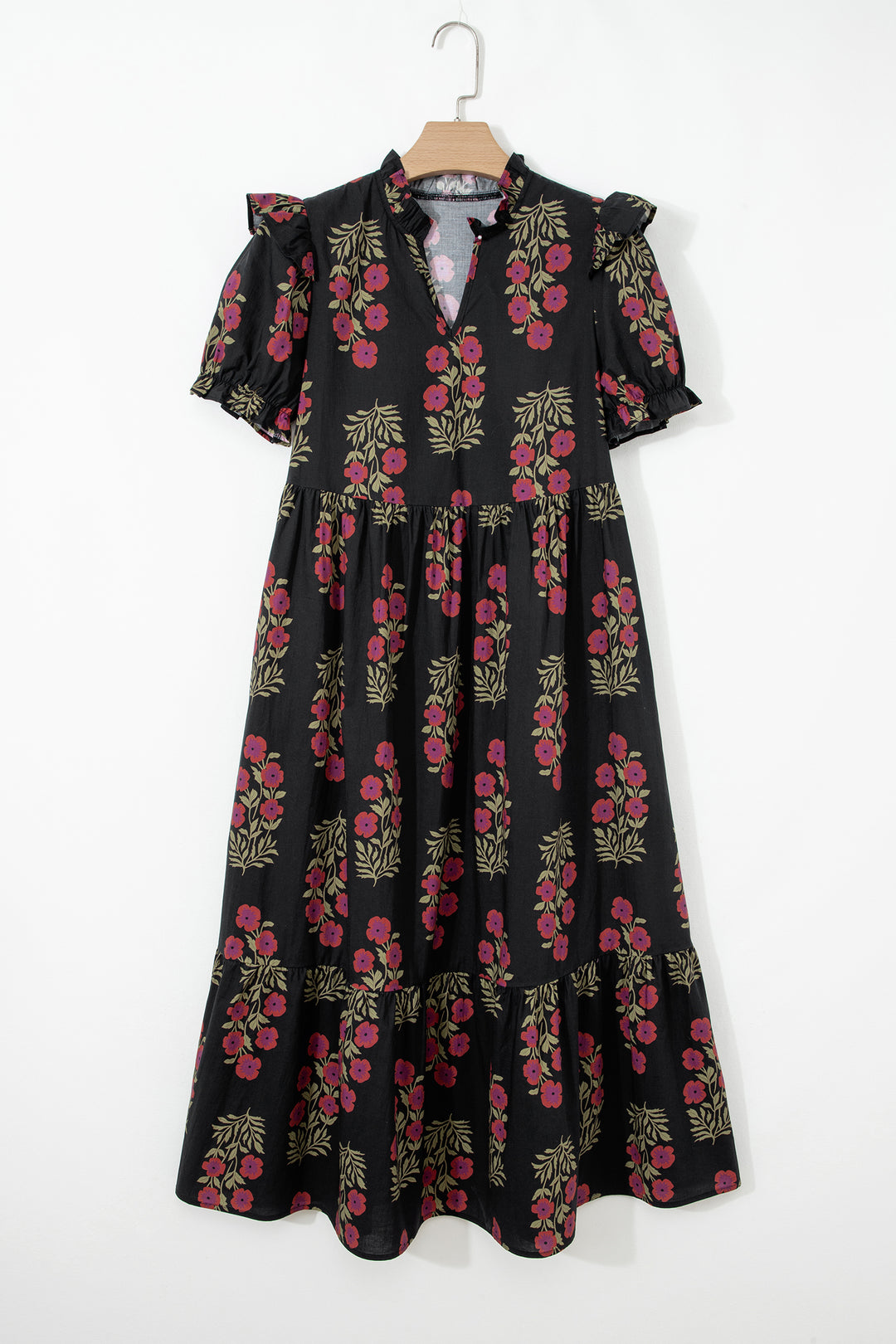 Black Floral Short Bubble Sleeve Tiered Maxi Dress