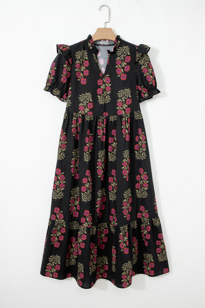 Black Floral Short Bubble Sleeve Tiered Maxi Dress