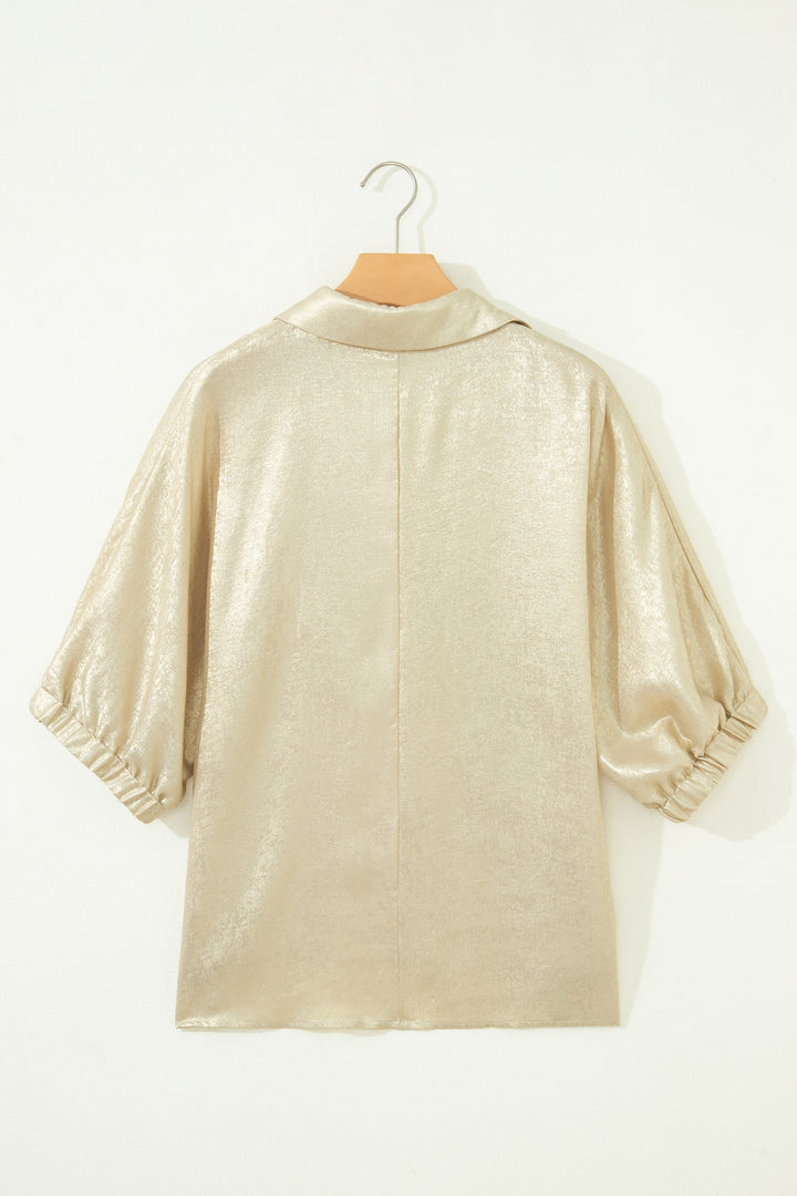 Casual Collared V Neck Half Sleeve Metallic Top