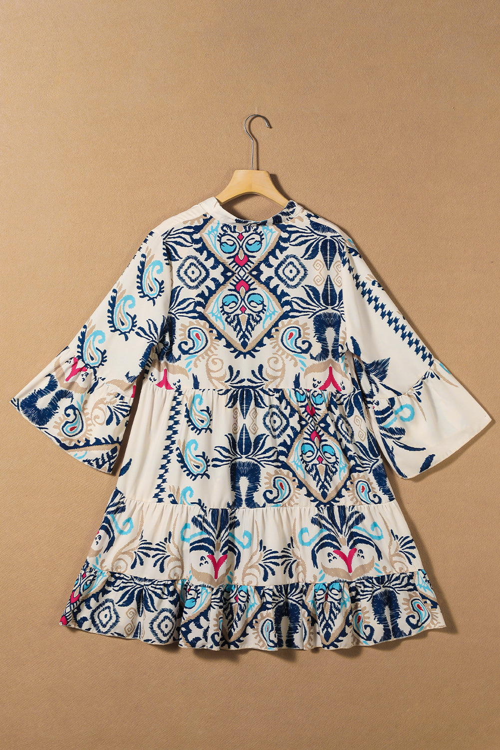 White Printed Tribal Braselet Sleeve Buttoned Mini Dress | Women