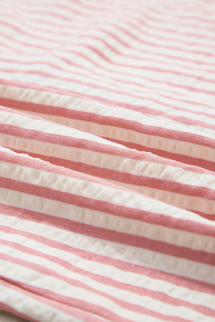 Pink Stripe Square Button Leopard Trim Loose Bracelet Sleeve Shirt Dress