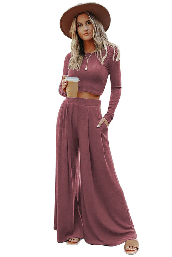 Solid Color Ribbed Crop Top Long Pants Set | Women